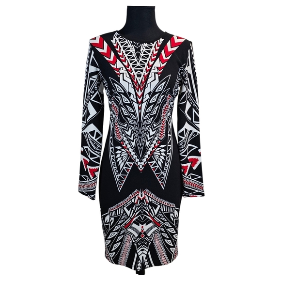 Bisou Bisou Michele Bohbot Geometric Print Bodycon Dress Black Red White 10 - Picture 2 of 16